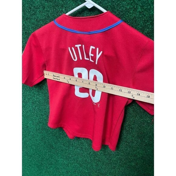 Y2K Youth Philadelphia Phillies Chase Utley Red Button Up Majestic Jersey Sz 7 - Picture 5 of 7